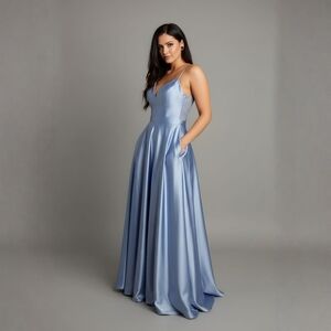 Windsor ✦ Slate Blue Satin A‑Line Gown ✦ Lace-Up Back V-Neck Maxi Dress Sz 5 NWT